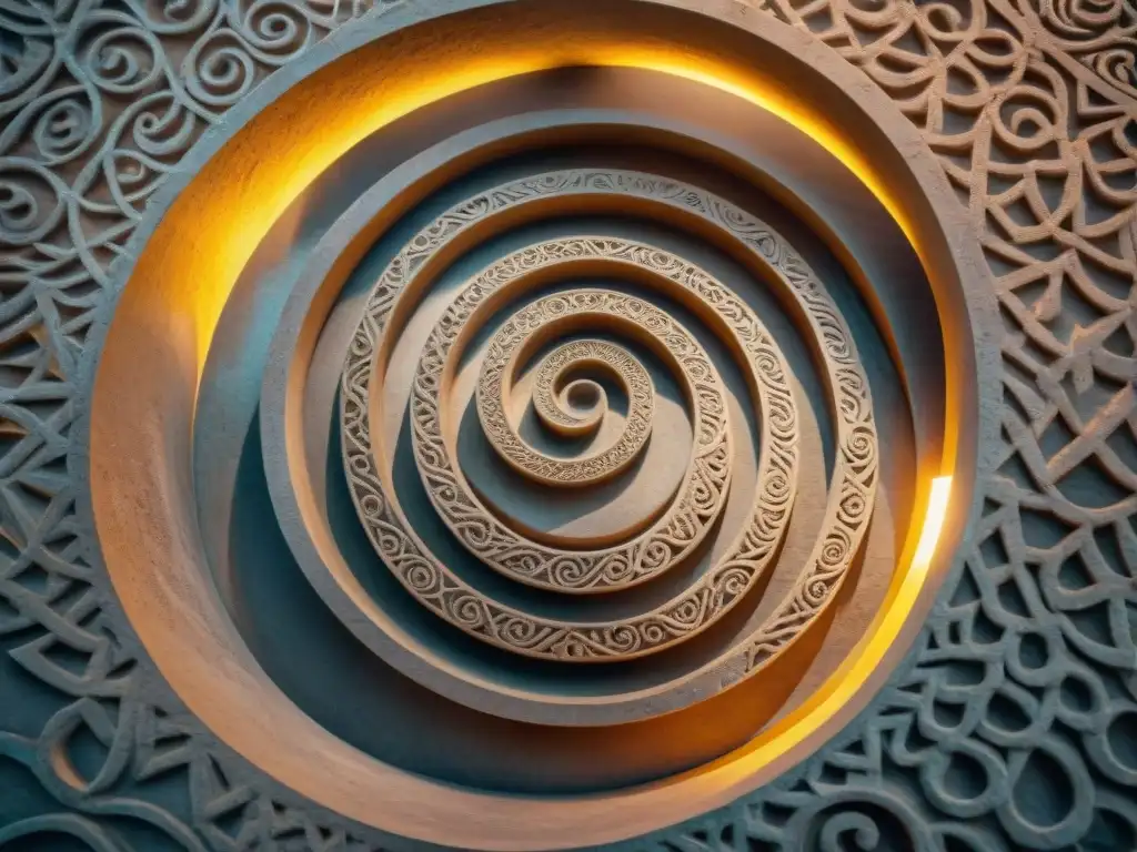 Símbolo espiral antiguo iluminado: misterio y esoterismo Intrincado símbolo espiral antiguo iluminado por luz mística