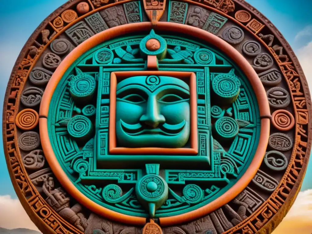 Intrincado tallado de piedra del calendario maya, con detallados glifos de la profecía maya calendario cuenta larga
