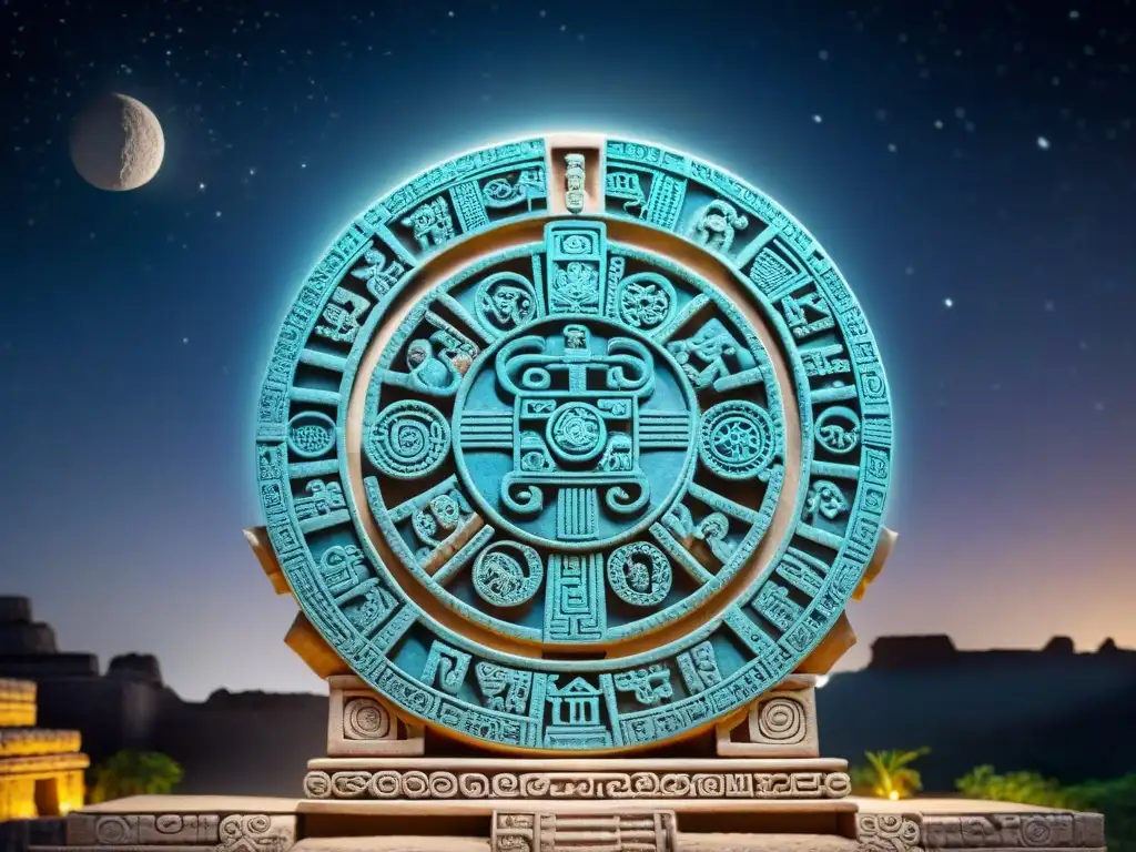 Intrincado tallado en piedra de calendario maya, con glifos celestiales en noche estrellada