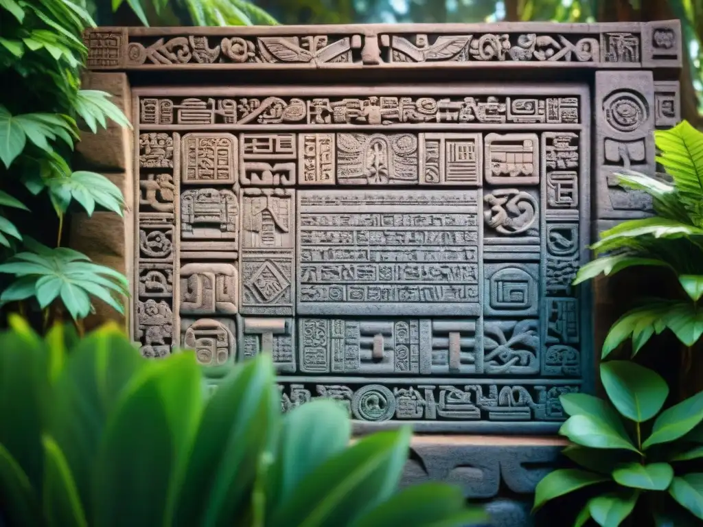 Intrincado tallado de piedra del calendario Tzolk'in maya, con símbolos detallados y un templo de fondo