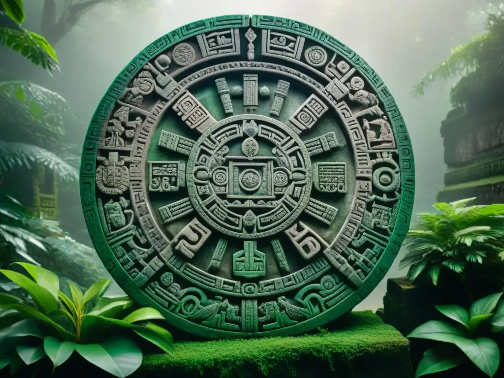 Intrincado tallado de piedra del Calendario Tzolk'in maya, con glifos representando días y meses, en la selva verde