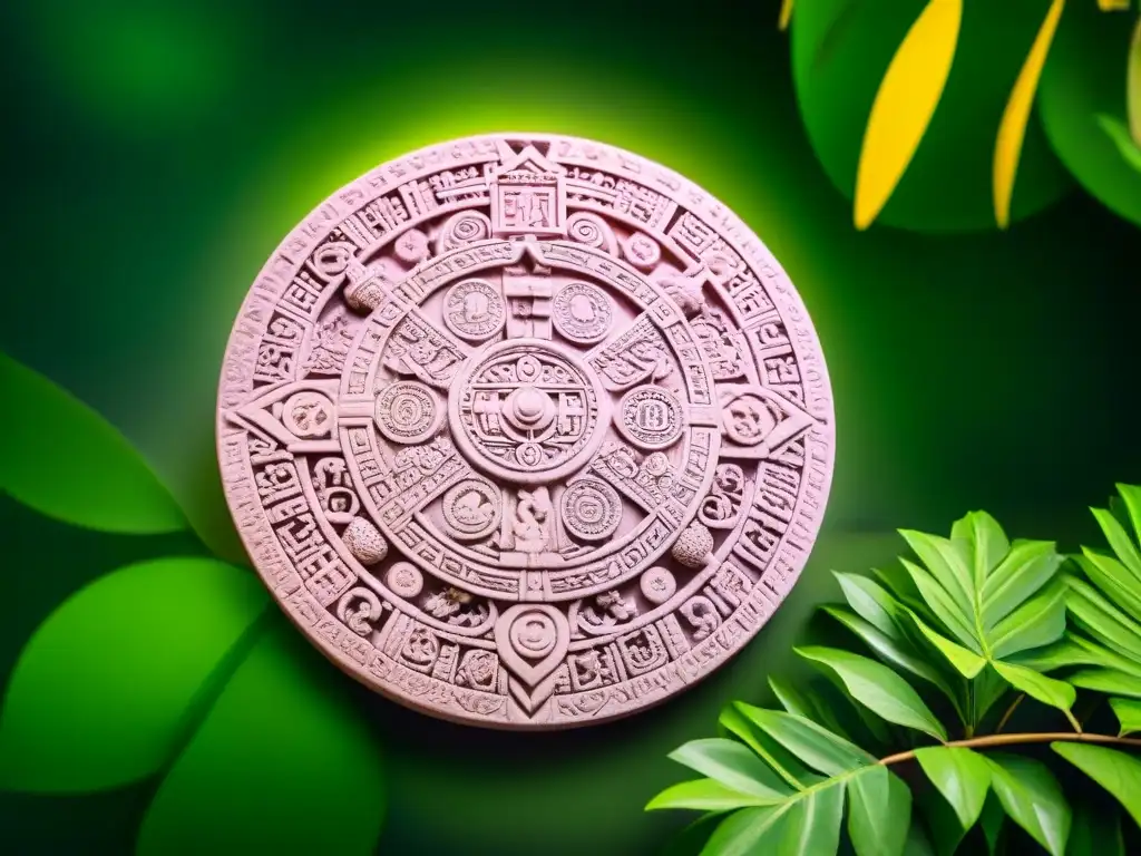 Intrincado tallado de piedra del calendario maya Cuenta Larga, en la jungla con ruinas antiguas