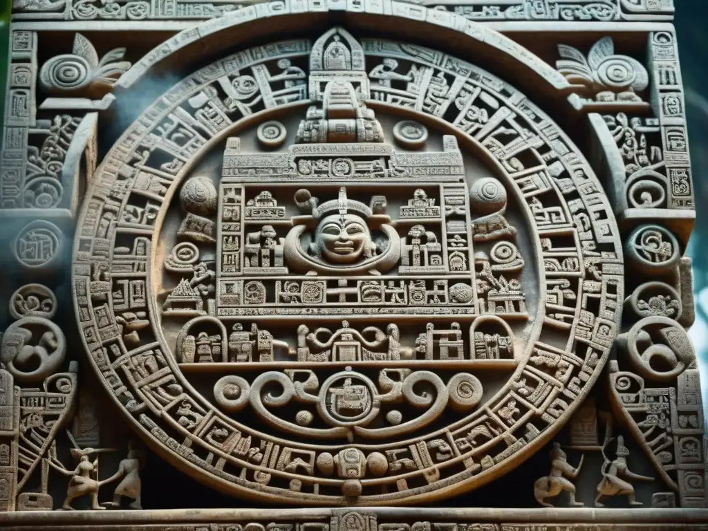 Intrincado tallado de la profecía maya calendario cuenta larga, detallando la ciclicidad del tiempo en la civilización maya