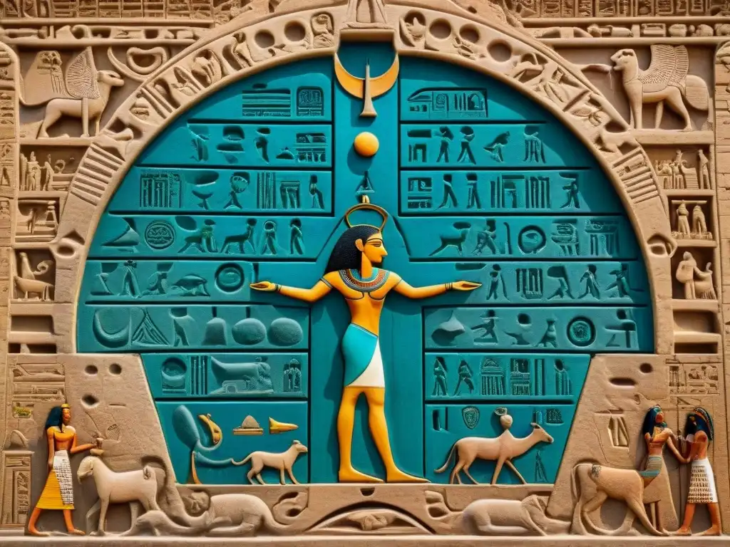 Intrincado zodiaco egipcio tallado en una pared de piedra, con hieroglíficos y dioses, resaltando la importancia de la Astrología en el antiguo Egipto