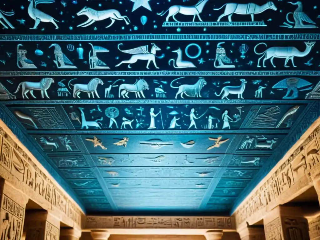 Intrincado zodíaco del techo del Templo de Dendera iluminado suavemente, capturando su enigmática belleza e importancia histórica