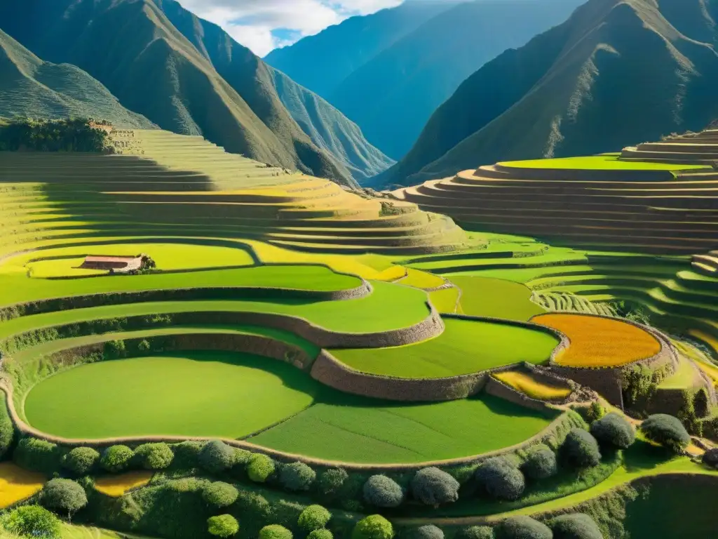 Intrincados campos agrícolas terrazados en Moray, Perú, destacando las estrategias económicas de los incas