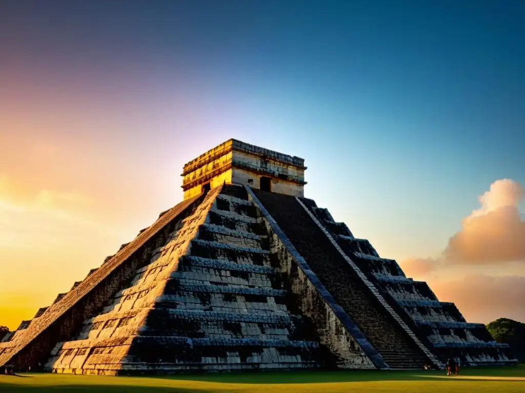 Intrincados detalles arquitectónicos de El Castillo en Chichén Itzá, con precisión astronómica maya durante un vibrante atardecer