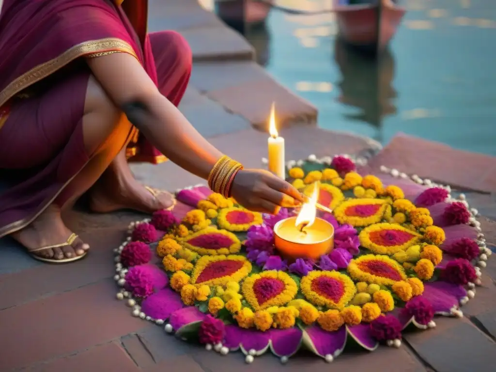 Intrincados diseños del rangoli en Varanasi, con pétalos, polvos de colores y velas encendidas, en los ghats al atardecer