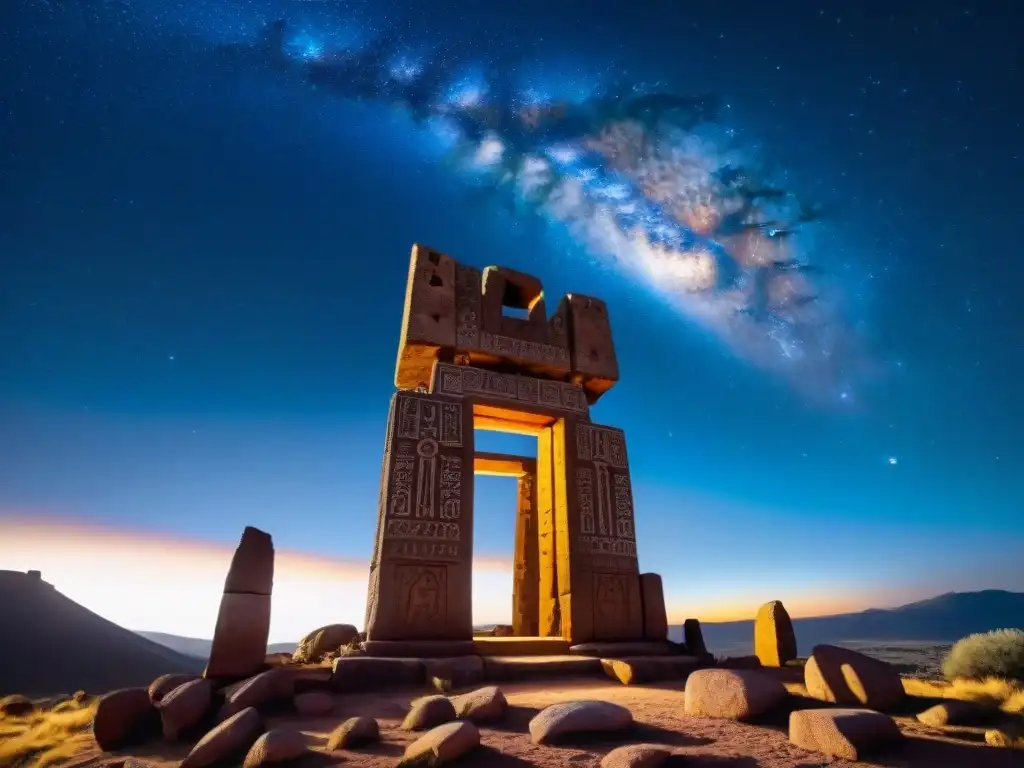 Intrincados grabados en la ancestral Puerta del Sol de Tiahuanaco, en la noche estrellada