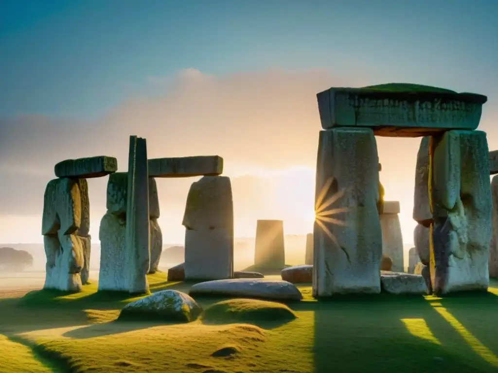 Intrincados grabados de Stonehenge iluminados por el sol, revelando misteriosos símbolos y patrones en este observatorio ancestral