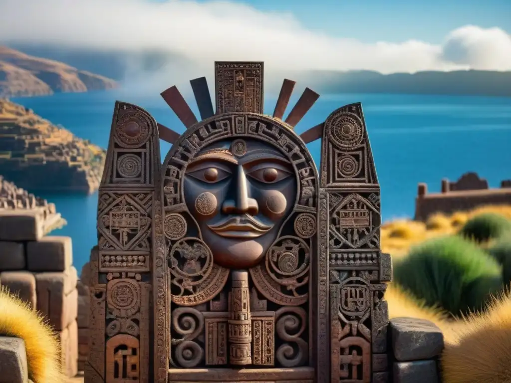 Intrincados grabados en la Puerta del Sol de Tiahuanaco, reflejados en el lago Titicaca bajo el sol andino