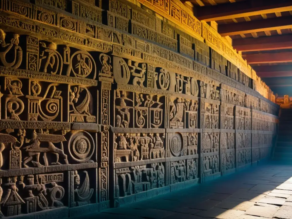 Intrincados grabados y símbolos en el Templo de la Serpiente Emplumada en Teotihuacán