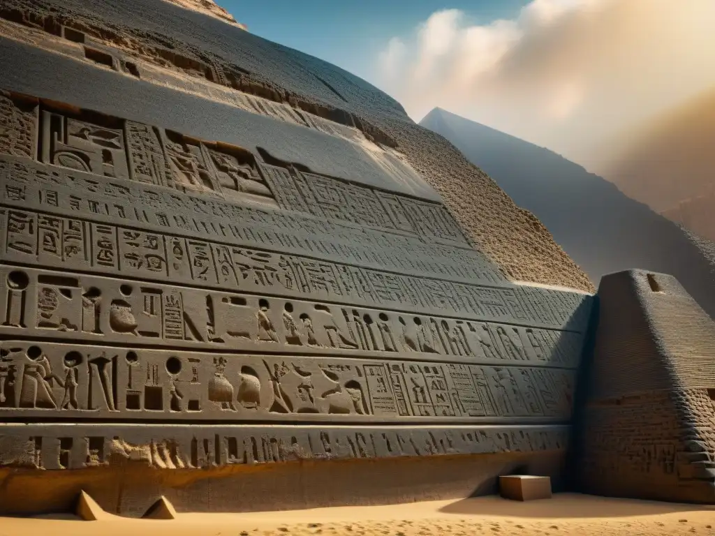 Jeroglíficos ancestrales: Detalles misteriosos de la Piedra Rosetta Intrincados jeroglíficos del Antiguo Egipto en la misteriosa Piedra Rosetta, iluminados sutilmente