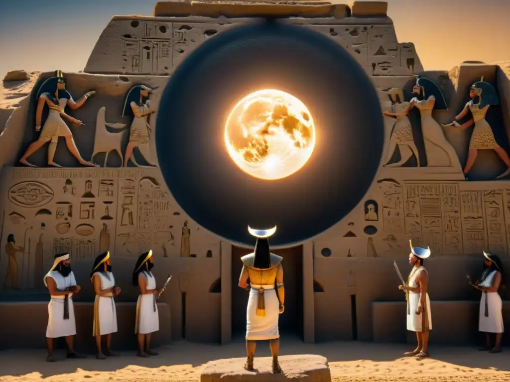 Intrincados jeroglíficos egipcios en piedra, representando un eclipse solar