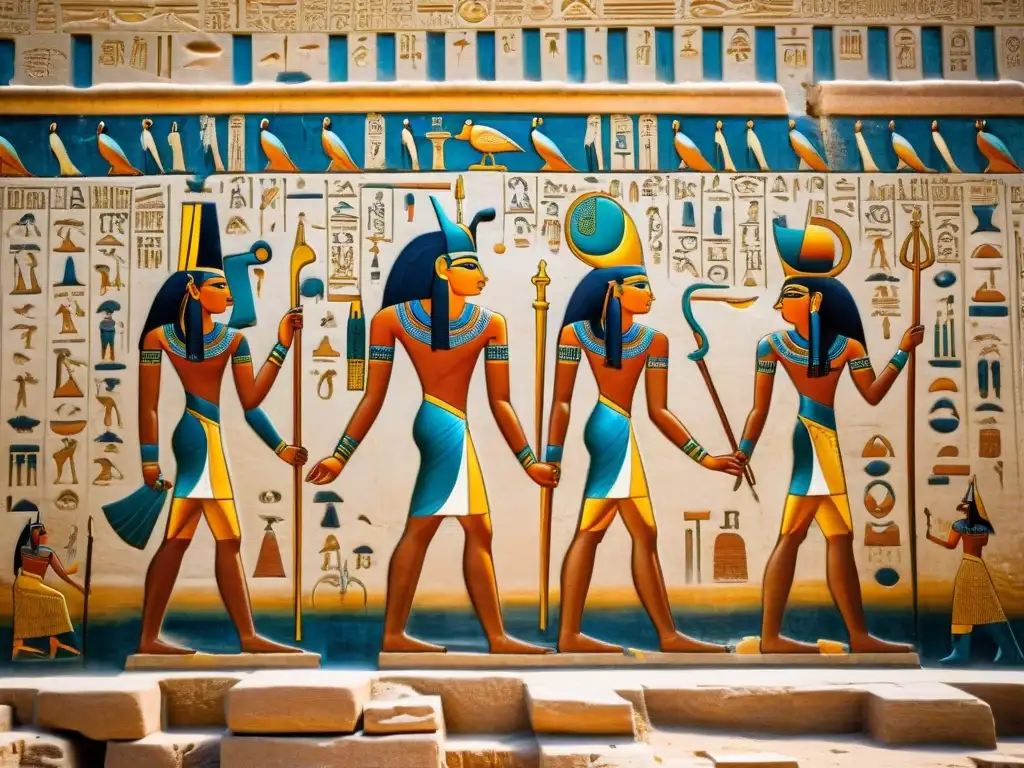 Intrincados jeroglíficos del Templo de Thoth en Hermópolis, Egipto, iluminados por la suave luz, revelan El Libro de Thoth egipcio