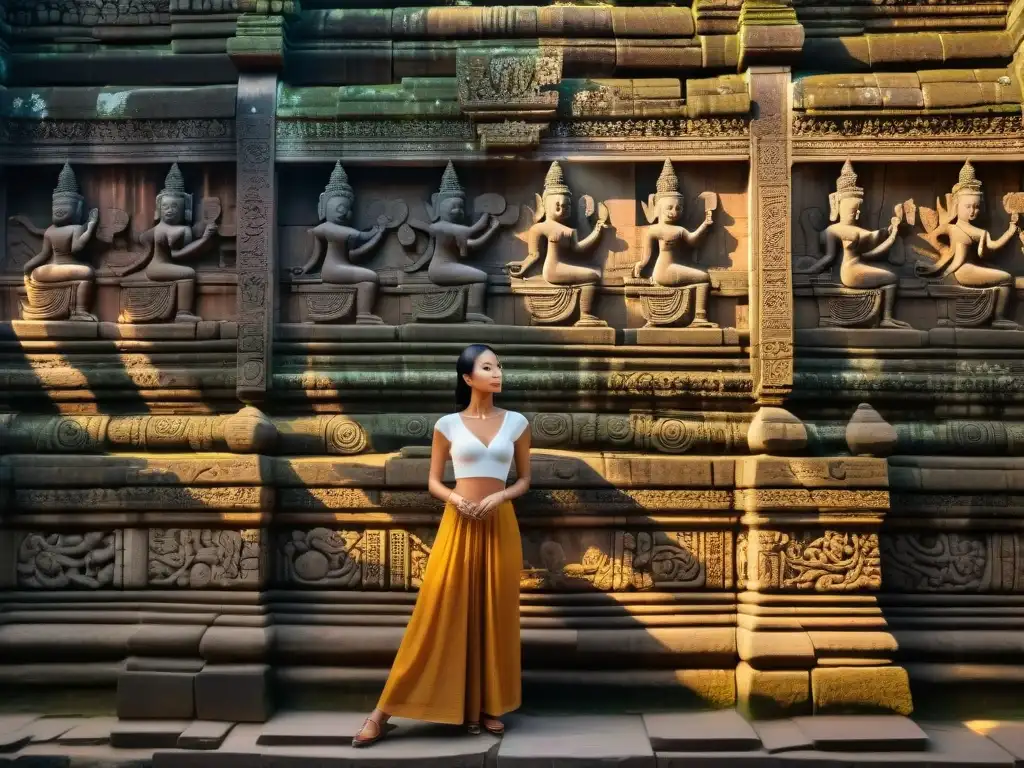 Intrincados relieves de piedra en Angkor Wat, con dioses y criaturas míticas