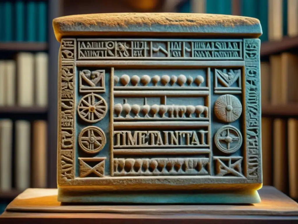 Intrincados símbolos celestiales y numerales romanos tallados en una antigua piedra calendario, en una biblioteca histórica