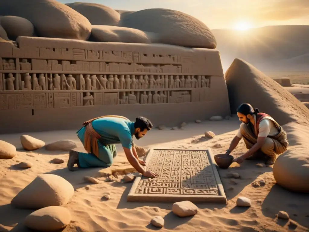 Investigadores descifrando misterios en la antigua ciudad de Eridu al atardecer, entre ruinas cuneiformes