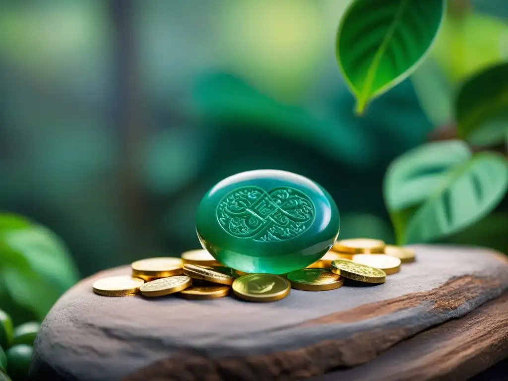 Un jade verde reposa sobre monedas doradas brillantes