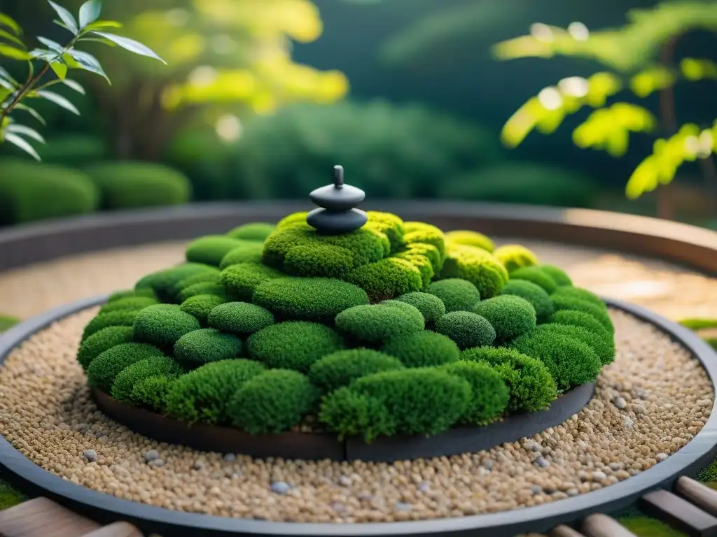 Un jardín zen japonés para meditación con detalles meticulosos, rocas y bonsáis bajo la suave luz del sol