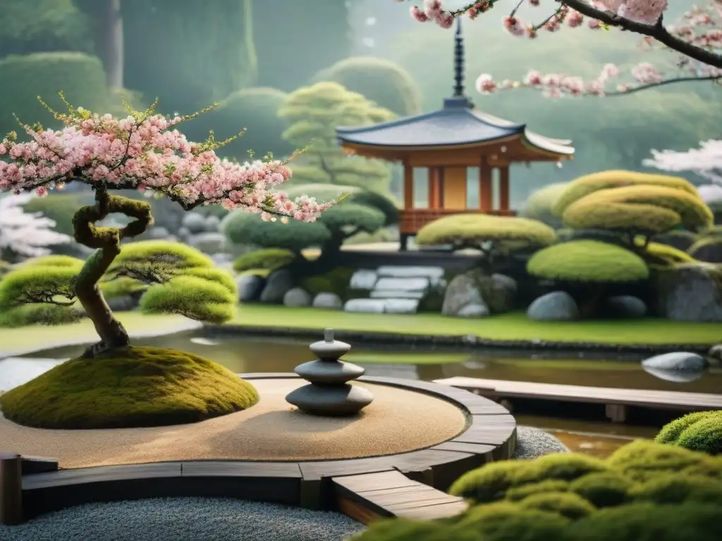 Un jardín Zen japonés con grava, rocas, musgo verde y un estanque sereno, rodeado de una pagoda y cerezos en flor