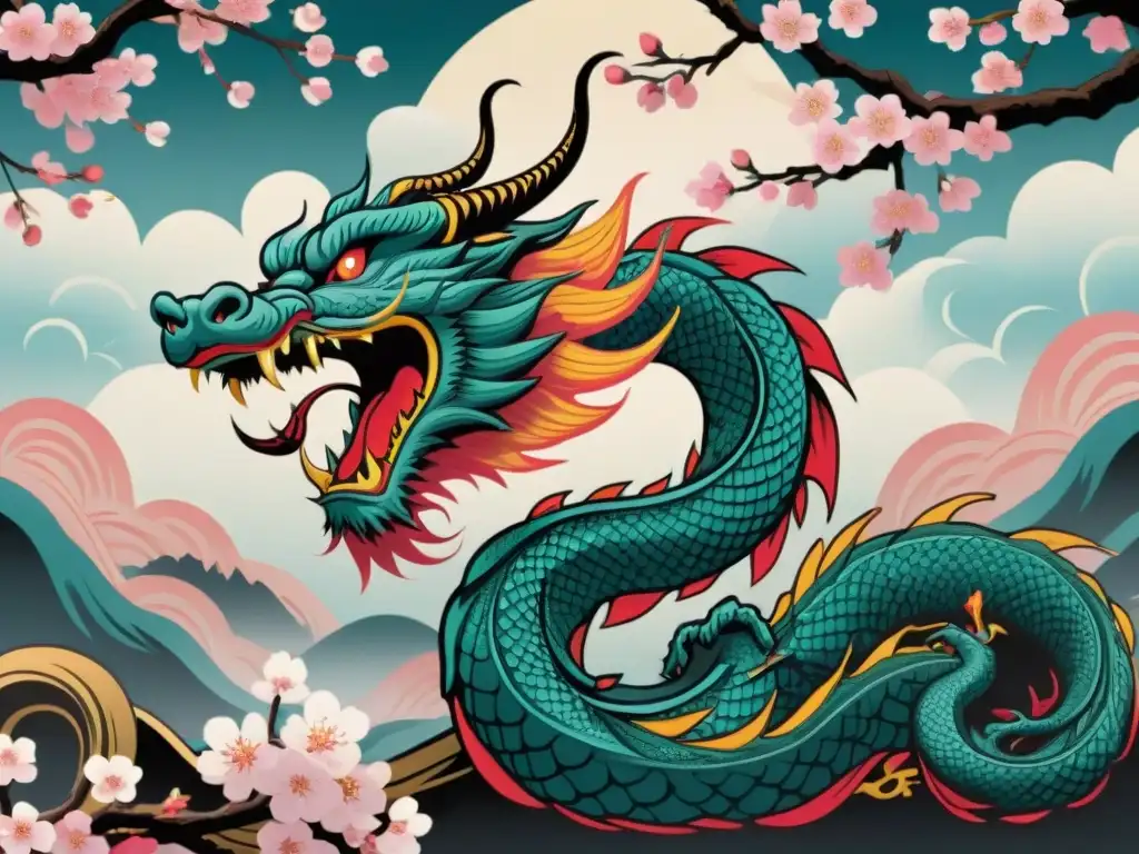 Dragón japonés majestuoso enroscado en un cerezo, simbolizando el significado simbólico dragones orientales