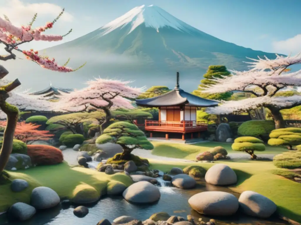 Jardín japonés sereno con bonsáis, arroyo y monte Fuji entre nubes, evocando la meditación en el antiguo Japón