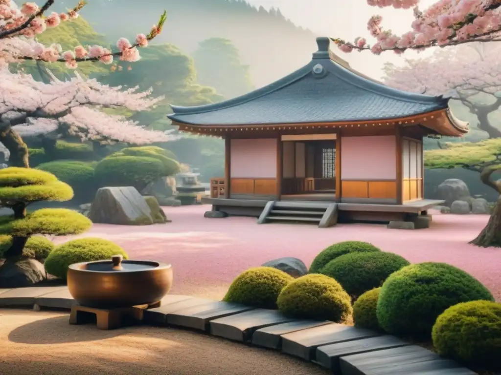 Un jardín japonés sereno con bonsáis, casa de té, farol de piedra y cerezos en flor