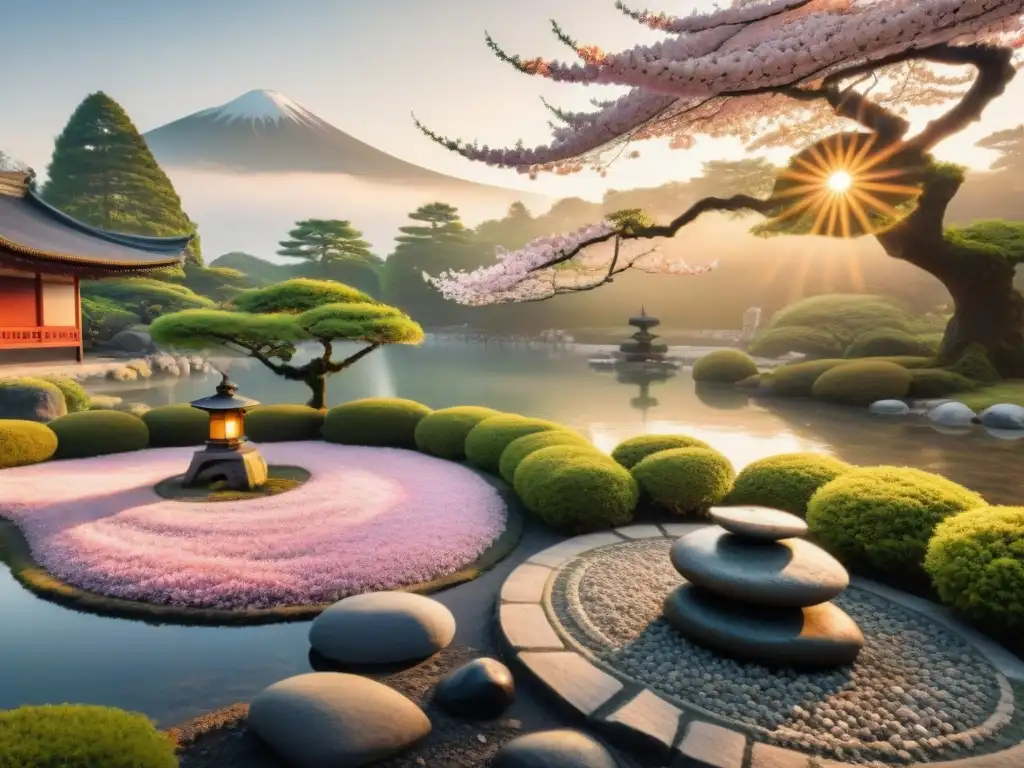 Un jardín japonés sereno al amanecer con patrones en gravilla, piedras cubiertas de musgo y una linterna de piedra