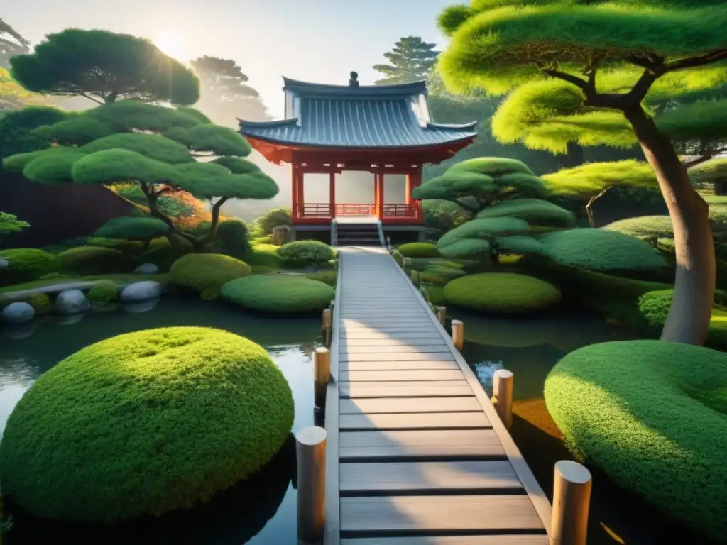 Un jardín japonés sereno con un puente de madera sobre un estanque tranquilo y vegetación vibrante alrededor de una pagoda tradicional