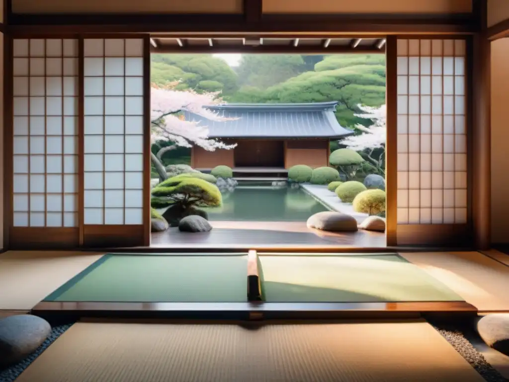 Un jardín japonés sereno al amanecer con un salón de meditación de madera en el fondo