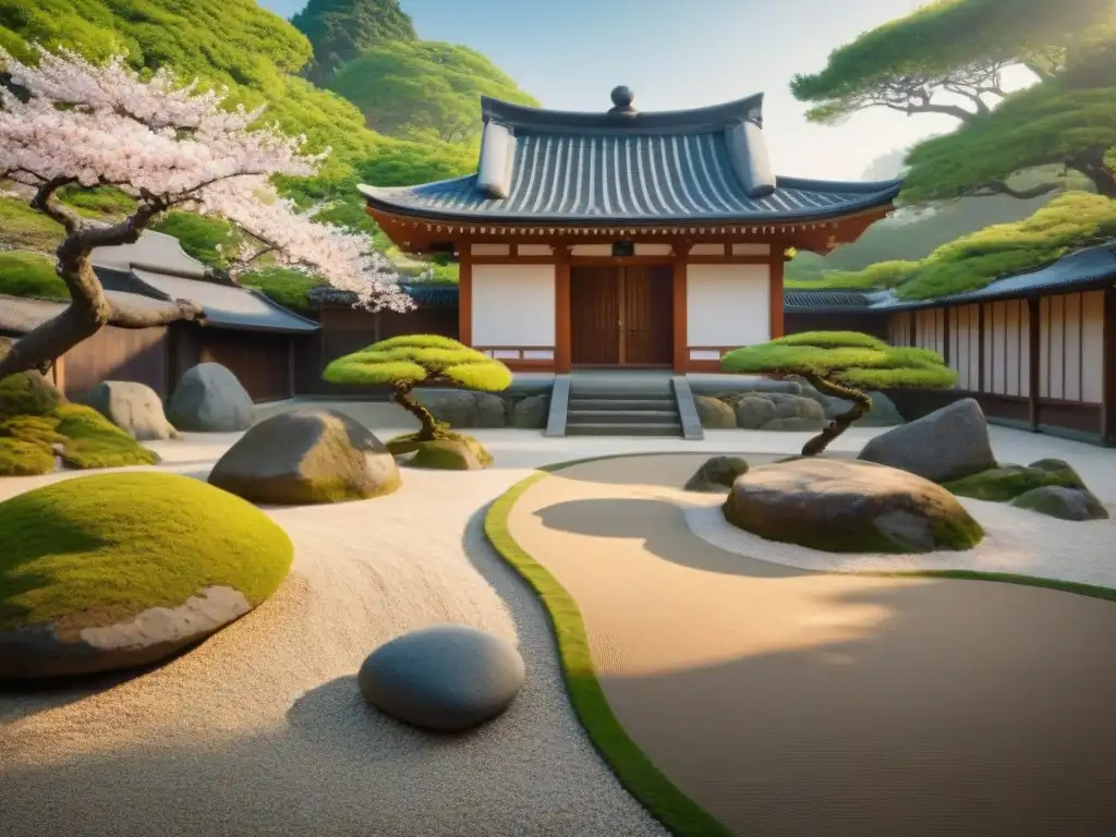 Un jardín Zen japonés tradicional con rocas, grava y templo pagoda entre árboles de cerezo en flor