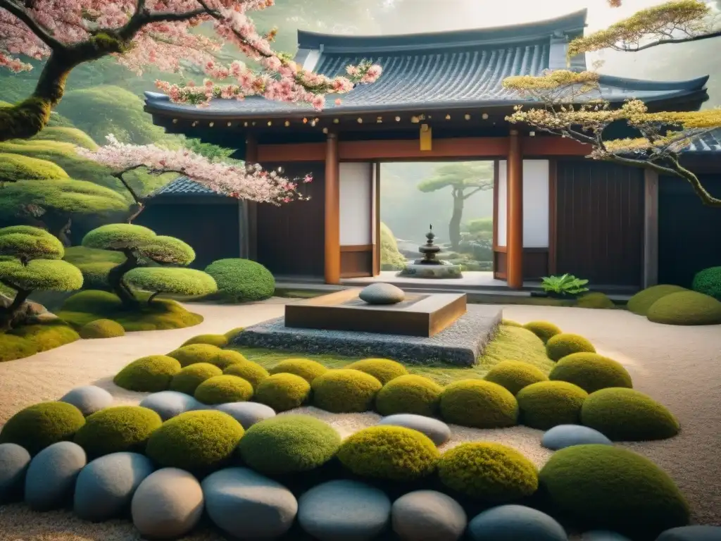 Un jardín zen japonés tradicional con rocas, un pagoda de piedra y árboles de cerezo, ideal para retiros zen en Japón meditación