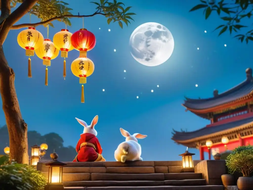 Un jardín antiguo iluminado por linternas chinas, donde un conejo plateado contempla la luna llena en el Festival MidAutumn