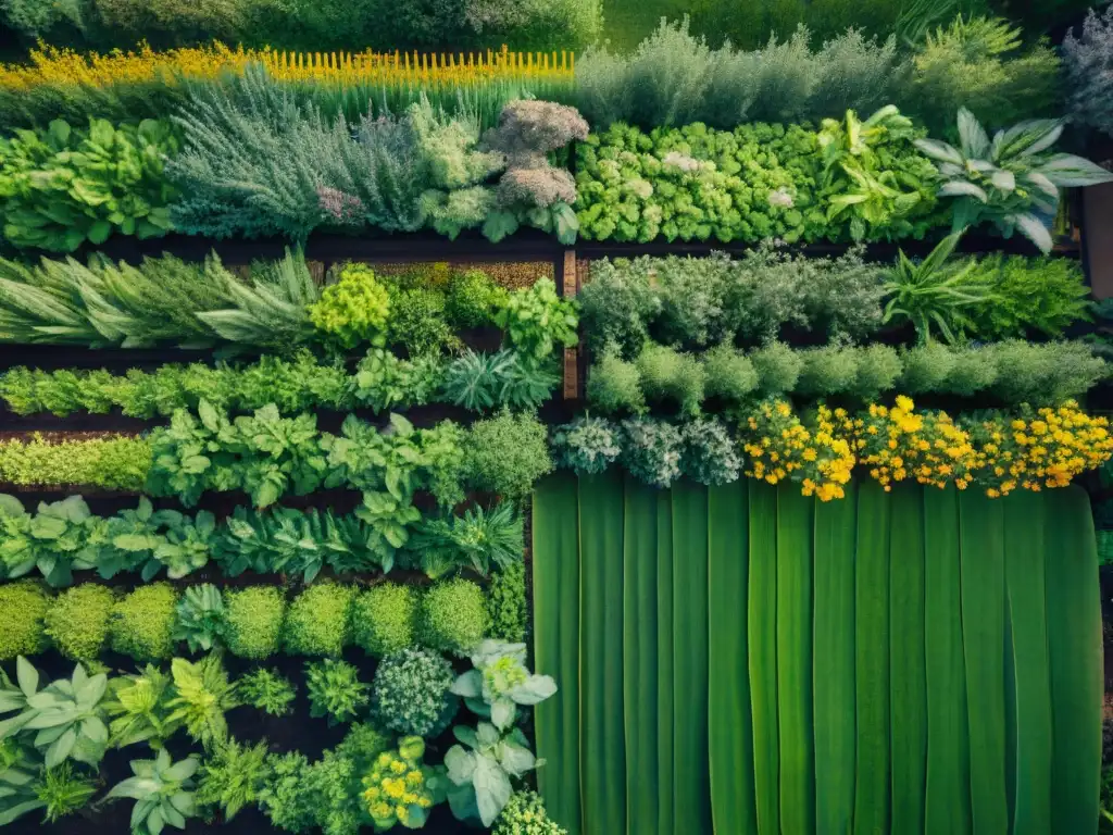 Un jardín de hierbas ayurvédicas, vibrante y lleno de vida, reflejando la conexión con la naturaleza de los Remedios herbales en Yoga Ayurveda