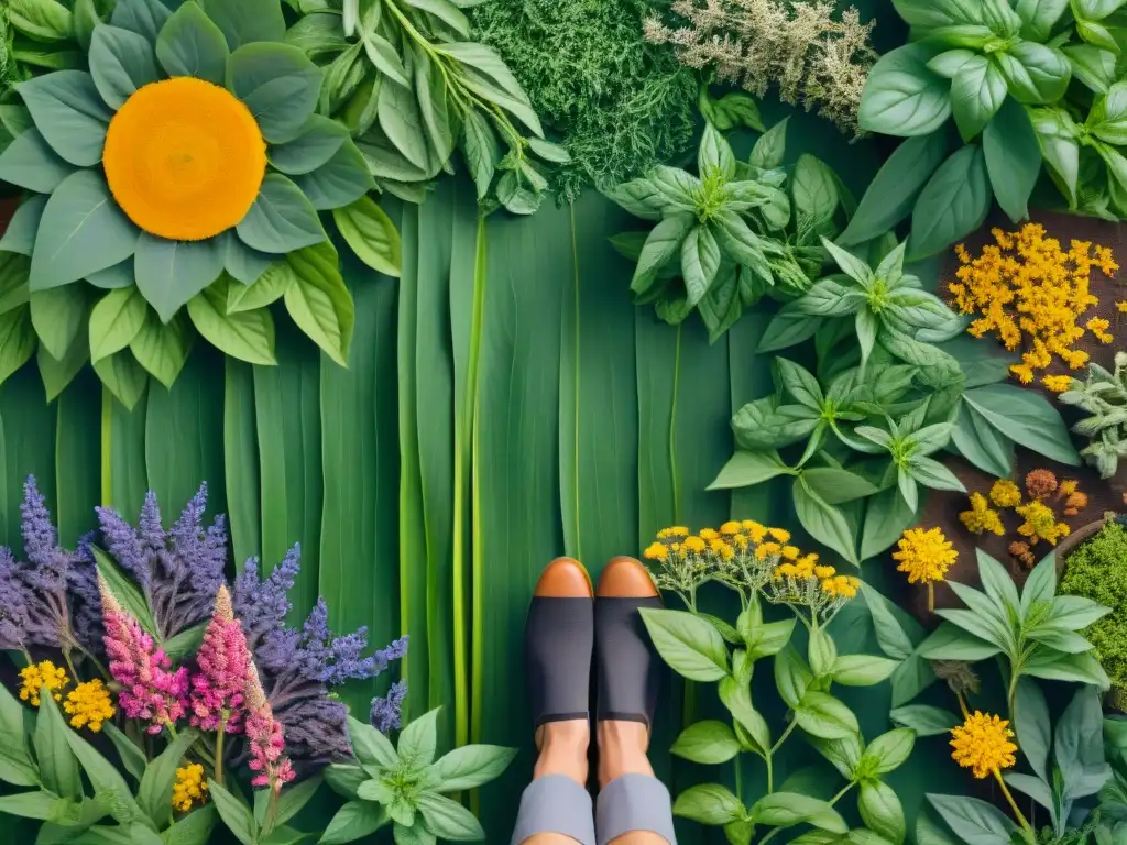 Un jardín de hierbas exuberante y vibrante, con plantas medicinales de Ayurveda y yoga