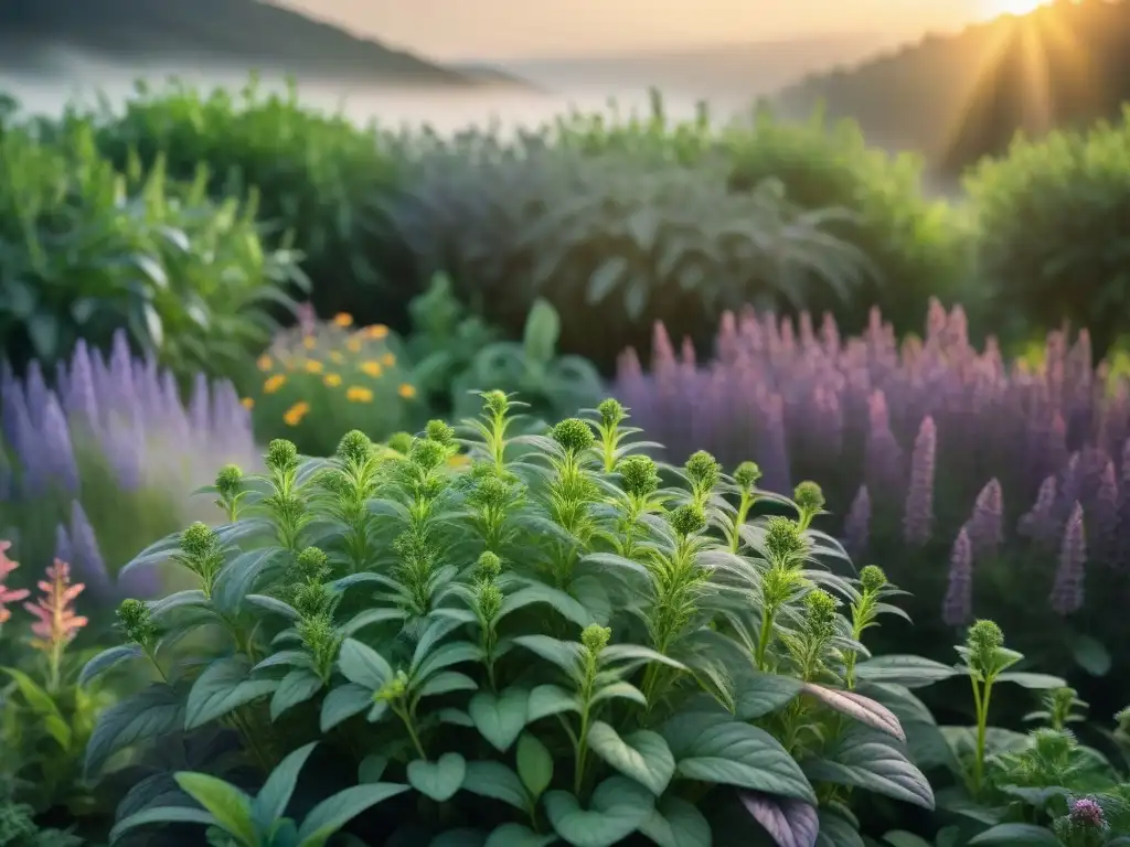 Un jardín de hierbas mágico y sereno al atardecer, con plantas detalladas y abejas revoloteando