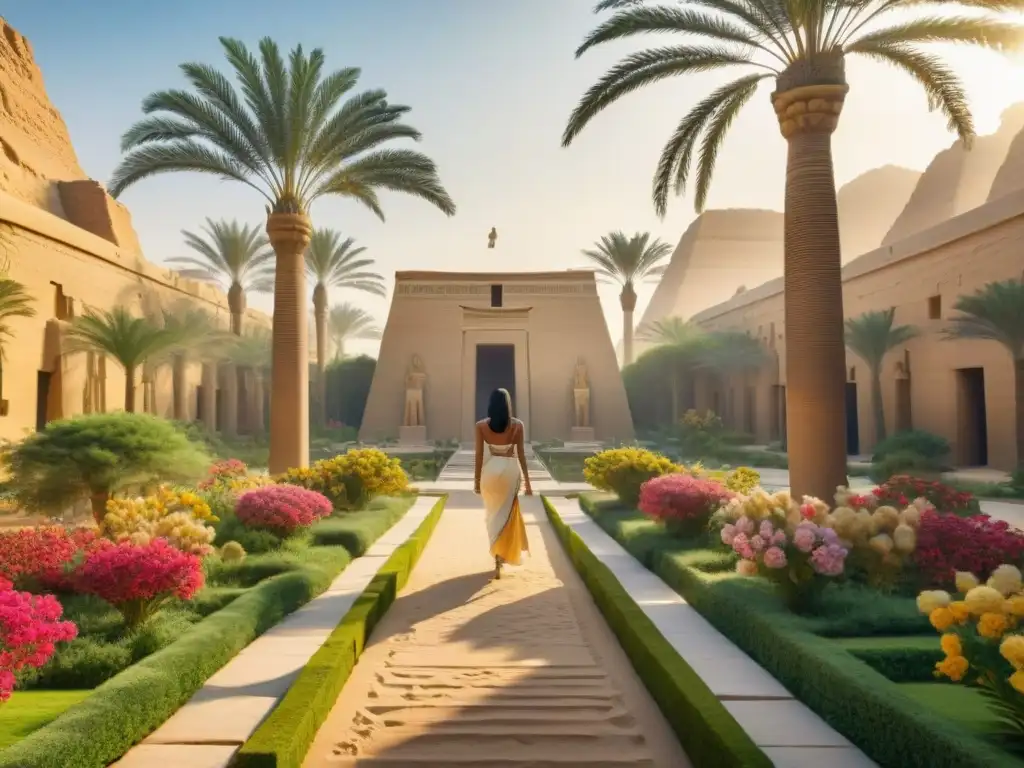 Jardines del antiguo Egipto: oasis de tranquilidad con exuberante vegetación y estatuas deidades