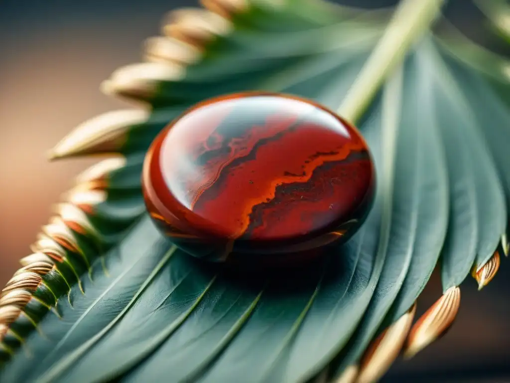Un jaspe rojo en detalle sobre artefactos guerreros antiguos, resaltando su significado como piedra de protección y fuerza