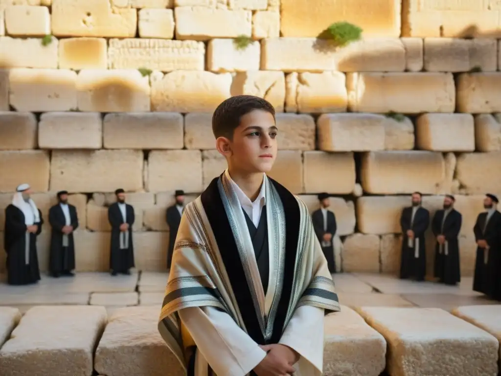 Joven judío recita bendiciones en su Bar Mitzvah en el Muro de los Lamentos, con una atmósfera de reverencia y tradición