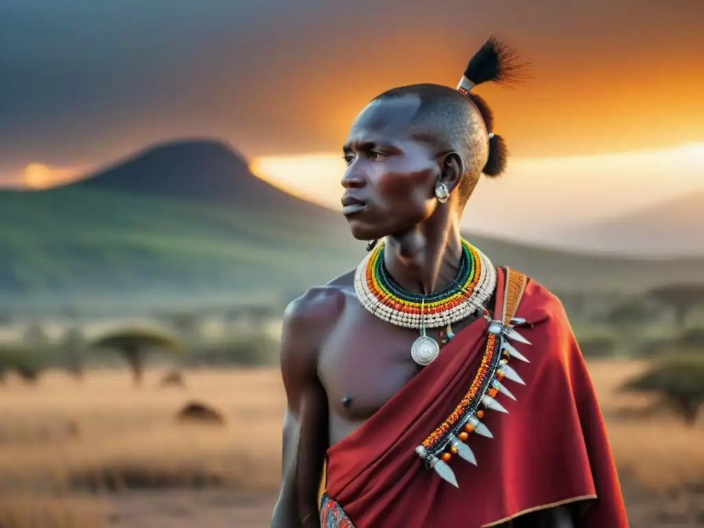 Un joven guerrero Maasai en vestimenta tradicional, con cuentas y lanza, bajo un vibrante atardecer en la sabana africana