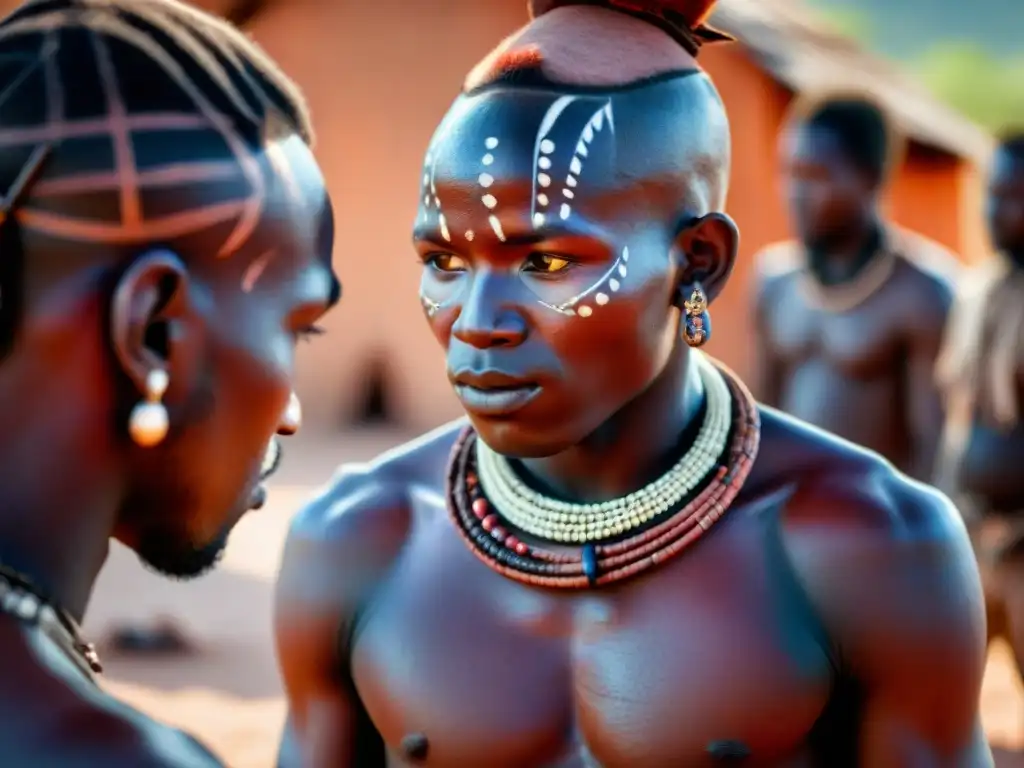 Joven Himba en ritual de iniciación, pintura corporal y joyas tribales en aldea remota