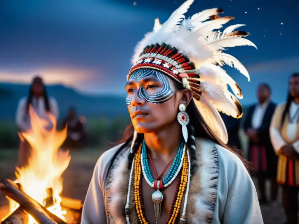 Joven Lakota en ritual de iniciación frente a fogata, rodeado de ancianos con atuendos ceremoniales