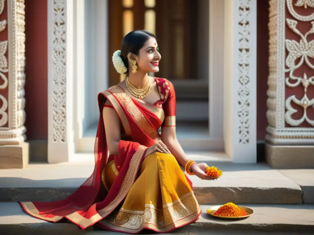 Joven mujer en saree rojo y dorado listo para rituales de paso en India