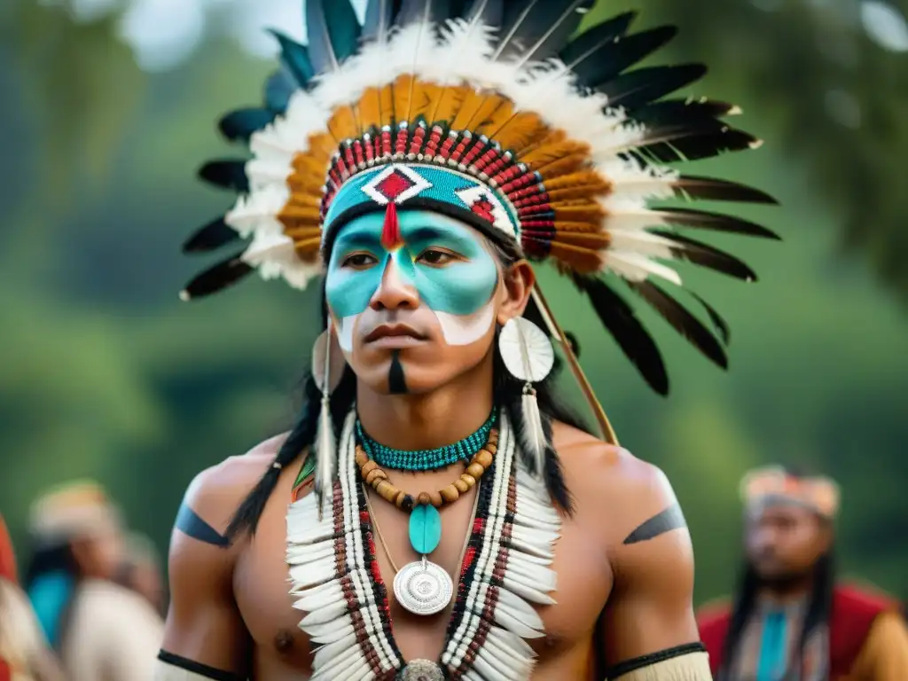 Joven nativo en vestimentas en rituales de paso, rodeado de tradiciones antiguas en la naturaleza