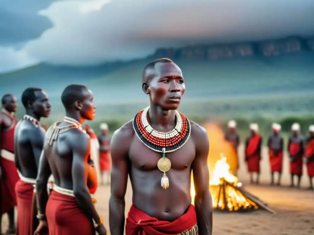 Jóvenes guerreros Maasai danzan alrededor de una hoguera en ceremonia de iniciación, con ancianos observando