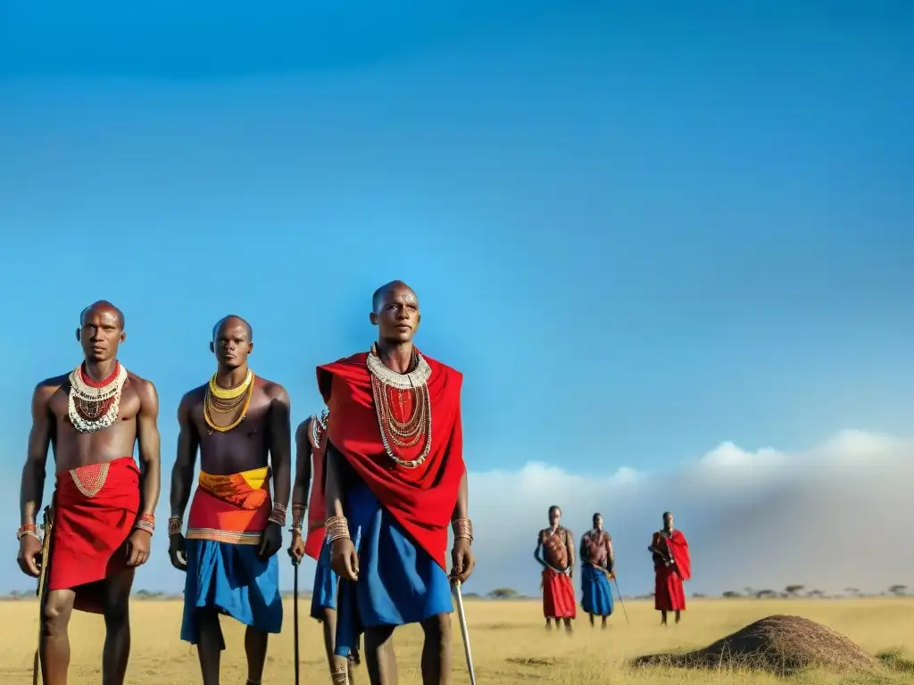 Jóvenes guerreros Maasai en la sabana africana, reflejando rituales de iniciación en civilizaciones antiguas