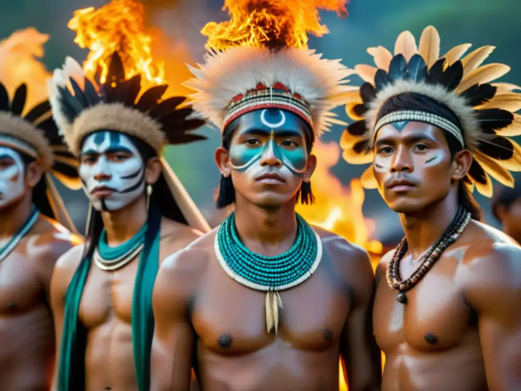 Jóvenes indígenas en ritual alrededor de fogata al atardecer, en preparación para ceremonia ancestral