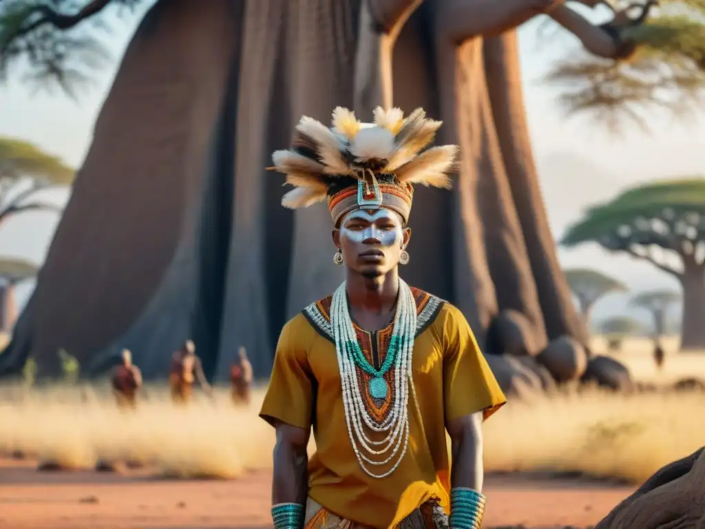 Jóvenes iniciados africanos bajo baobab, en ritual ancestral