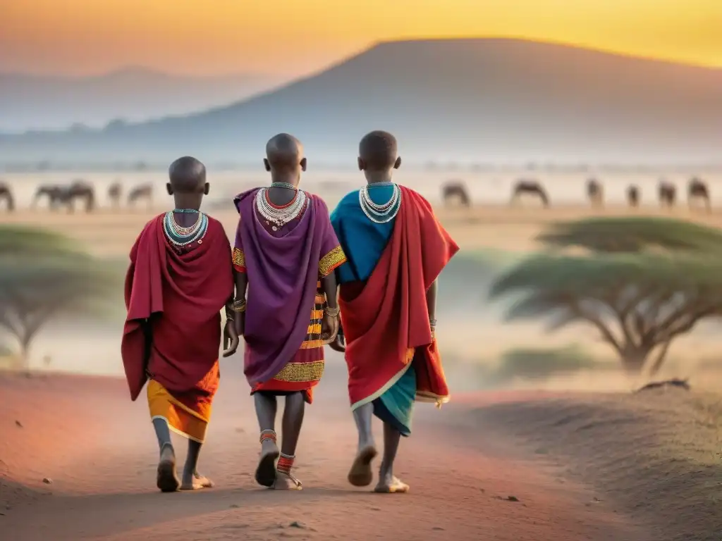 Jóvenes Maasai en rito de pasaje, guiados por ancianos en la sabana al atardecer